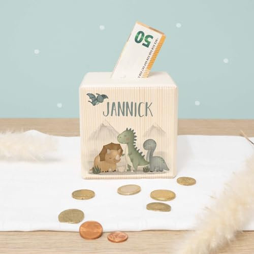 Spardose Personalisiert mit Namen aus Holz - 10x10cm Holzspardose - Geschenk zur Geburt, Geburtstag, Einschulung, Taufe - Sparschwein Aquarell Motiv für Jungen & Mädchen hellomini (Dinowelt)