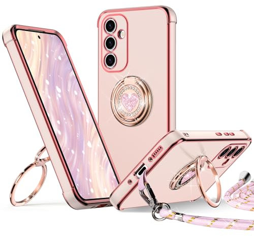 XYZ Coque pour Samsung Galaxy A35 5G, avec Double Anneau de Support Cœur, avec Lanière pour Filles et Femmes, Coque de Protection Luxe Mignonne et Scintillante pour Samsung A35 5G, Rose