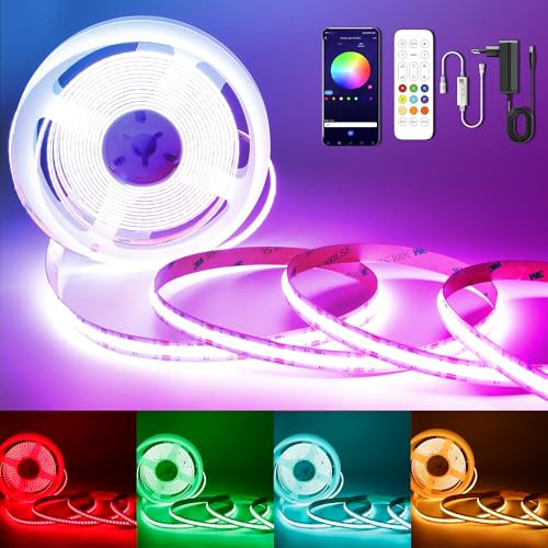 TTWAY RGB Smart IC COB LED Streifen 3M, Multicolor RGB LED Streifen 24V, Leiste Band Stripes Lichtband mit Netzteil Fernbedienung & APP Bluetooth, Flexible Tape für Haus zimmer TV KücheDeko.