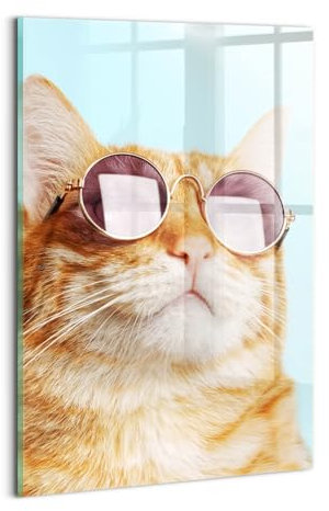 Wallfluent Gehärtetes Glas Dicke 4mm Für die Küche Badezimmer und Schlafzimmer Glasbild 20x30cm Wanddekoration Wandbild Bild Mit Motiv - Lustige Katze mit Brille