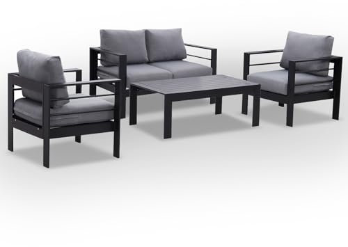 LANOX Gartenmöbel Set alu Gartenlounge-Set Loungeset für 3-4 Personen Terrasse Balkon, wetterfest Sitzgruppe Essgruppe Gartengarnitur (4-TLG., 1×2-Sitzer Sofa, 2×Sessel, 1×Tisch, 8×Auflagen)
