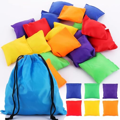 AKOLAFE Wurfspiel für Kinder, 36 Stück bunte Cornhole-Taschen, kleiner Nylonsack Sitzsäcke, Indoor-Outdoor-Aktivitäten, 7 x 7 cm