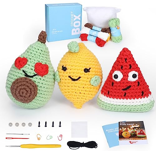Häkelset für Anfänger und Erwachsene, 3-teiliges Obst-Häkelset, Häkelset für Anfänger, inklusive einfachem Stricken, weiches Garn, Schritt-für-Schritt-Video-Tutorial, Geburtstagsgeschenk für