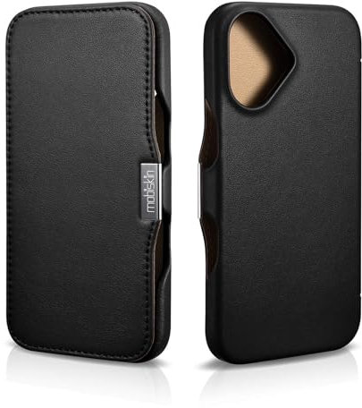 Mobiskin Hülle passend für iPhone 16 (6,1 Zoll), Handyhülle mit Leder, Case kompatibel mit MagSafe, Schutzhülle, Handy-Tasche, Slim Cover, dünn, Schwarz