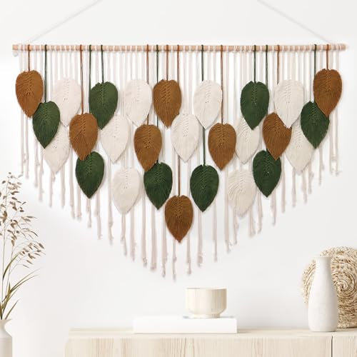 Weldomcor Tapiz de pared de macramé, grande, tejido bohemio, hoja de macramé, decoración de pared, plumas, arte tejido elegante para dormitorio, salón, decoración, 130 cm Verde