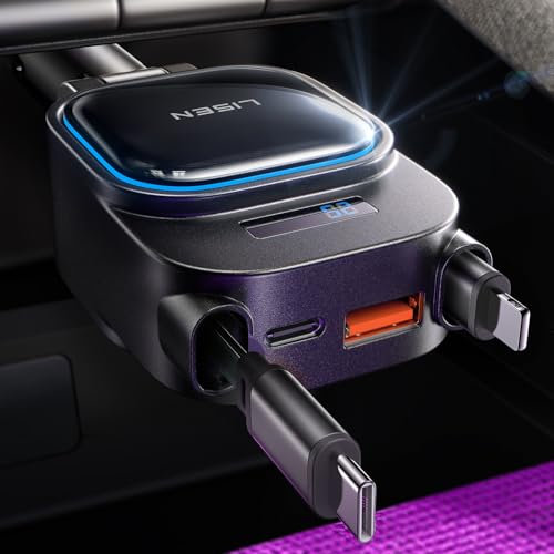 LISEN 96W Retractable Car Charger Adapter, USB C Car Phone Charger [2025 Upgrades] iPhone Car Charger Fast Charge for iPhone 16e 16 15 14 13 12 iPad Samsung S25 S24
