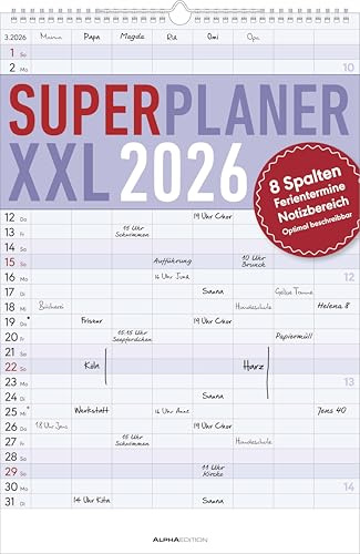 Alpha Edition - Superplaner XXL 8 Spalten 2026 – Familienkalender 34×49,5 cm mit 8 Spalten & Notizbereich, großer Familienplaner & Wandkalender mit Ferienterminen für Familien, Teams & Vereine