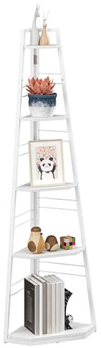 HOMCOM 5-Tier Corner Shelf, Pentagonal Storage Shelves with Foldable Steel Frame and Adjustable Feet for Living Room, Study, White
