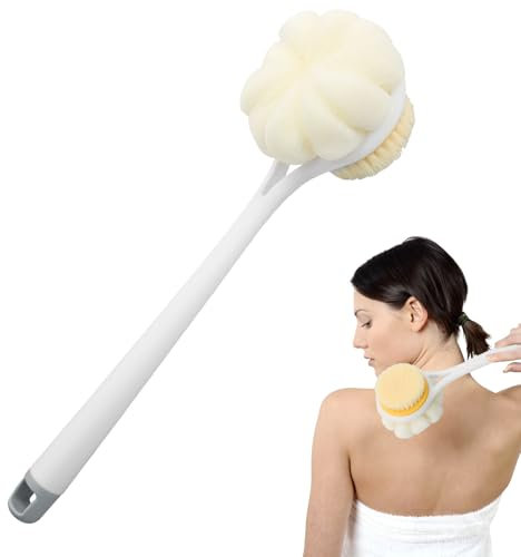 Double-Sided Back Scrubber, Enriched Soft Bristles Body Brush, Back Brush Long Handle for Shower Deep Cleaning, Long Handled Sponge with Hanging Hole