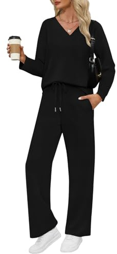 VUTRU Damen Zweiteiler Trainingsanzug Elegant Baumwolle Rundhals Jogginganzug Langarm Tshirts und weite Hose mit Taschen Sport Anzug für Damen Schwarz S