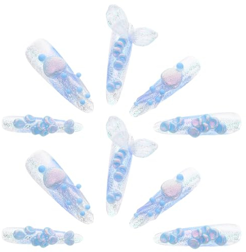 BESTYASH Little Mermaid Nail Stickers Ocean Style Fake Nails Jelly Embossed for Women Reusable