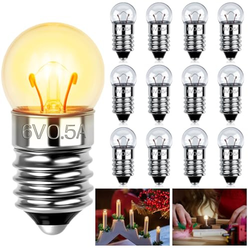 AUAUY 12 Stück Kugellampe E10 DC 6V, 0.5A, Warmweiß E10 Glühlampe Glühbirne | Miniatur Schraubfuß, Ersatzlampe für Elektrische Experiment, Taschenlampen, Krippenbeleuchtung, Warnleuchte