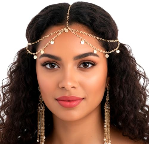 Göttin Kopfkette Gold Damen Wahrsagerin Kopfschmuck Pailletten Boho Quaste Haarkette, Goldene Kopfbedeckung Braut Haarschmuck Für Hochzeit, Festival, Party, Kostüm, Stirnkette Schmuck