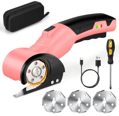 Cardboard Cutter Cordless Electric Scissors: 320RPM 2600mAh with Safety Lock, 2 Replace Blades, LED Light & Screwdriver – Portable Cutting Tool for Cardboard Leather Fabric Carpet Plastic Cartons Pink