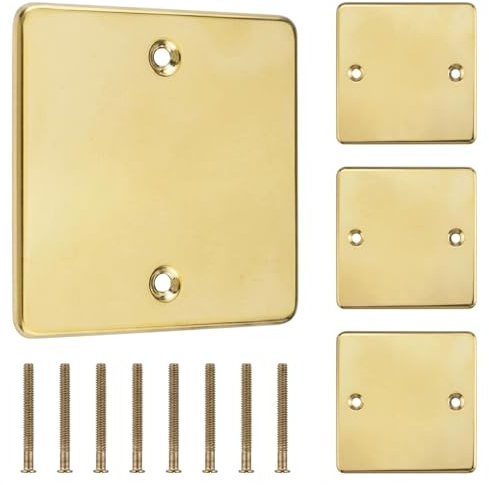 4 PCS Single Blanking Plate Stainless Steel Material, Antique Brass Socket Cover Flat Square Edge Hidden Screw Light Switch Cover, for Unused Electrical Outlet Wall Decoration DIY Home Office Renovati