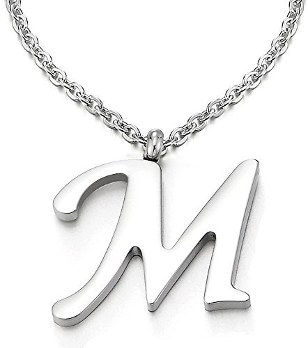 COOLSTEELANDBEYOND Name Initiale Alphabet Buchstaben A bis Z Anhänger Edelstah Halskette für Damen Herren mit 50cm Stahl Seil-Kette - M