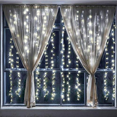Bakaji Tenda Luminosa Natalizia per Balconi Finestre Giardino 300 LED Fissi 4,5V Tende 300 x 300 cm Illumiazioni Natalizie a Batterie da Interno Decorazioni di Natale per Casa (Bianco Caldo)