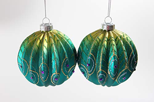 Gisela Graham Glaskugeln gerippt, Pfauengrün und Blau, 8 cm