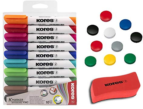 Kores WhiteboardMarker Starter Set, 10 Marker Rundspitze + Tafellöscher M20864 + 10 Rundmagnete sortiert