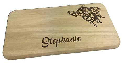 camolo Frühstücksbrett für Kinder Wunschname + Motiv Brotzeitbrett Holzbrett Buche Pflegeleicht (Kuh mit Brille)