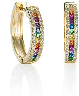 namana Mehrfarbige goldene Creolen für Damen. Regenbogen-Creolen für Damen mit farbigen CZ-Steinen. Bunte Creolen für Damen mit farbigen Steinen mit Geschenkbox.