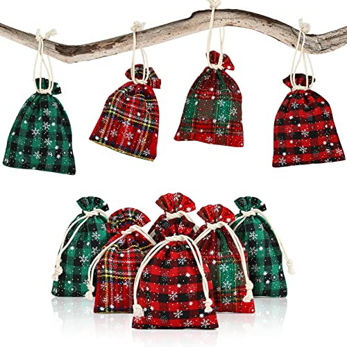 LIHAO 24 Stück Adventskalender zum Befüllen Jutesäckchen Weihnachten Adventskalender karierte Geschenksäckchen Stoffbeutel