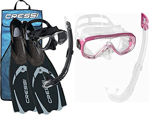 Cressi Pluma/Pluma Bag - Premium Flossen Set, Schwarz/Silber - Schnorchel Set, 43/44 & Unisex-Erwachsene Onda Mare Schnorchelset Tauchset Taucherbrille, Transparent/Rosa, Einheitsgröße