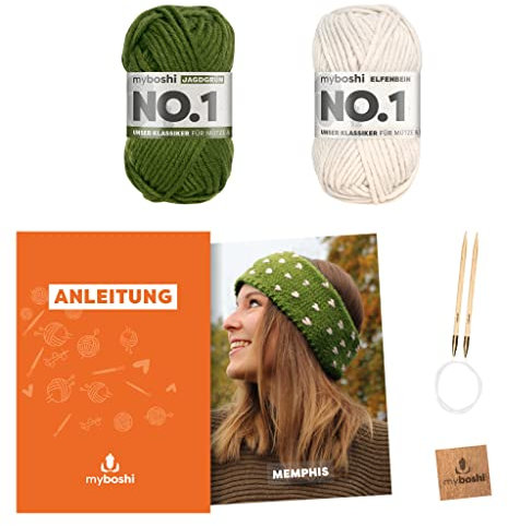 myboshi Strickset Stirnband Memphis, inkl. No.1 Wolle, Nadel und Anleitung, für Mützen und Schals, Strickpaket, 30% Merinowolle Grün mit Rundstricknadel