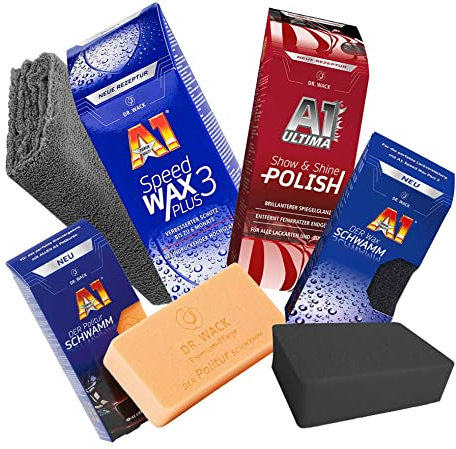 detailmate Reinigungs- und Pflegeset: Dr. Wack A1 Speed Wax Plus 3-500 ml + A1 Ultima Show & Shine Polish 250 ml + Mikrofasertuch, 550 GSM, 40x40 cm + Schwämme