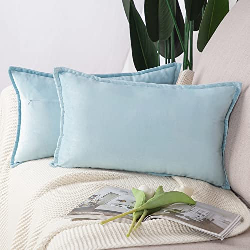 Madizz 2er Set Samt Dekorativ Zierkissenbezüge Luxus Stil Kissenbezug für Sofa für Schlafzimmer Hellblau 30x50 cm Rechteckigig