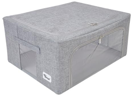 Periea ‘Beau’ Folding Collapsible Stackable Fabric Home Storage Boxes with Steel Frames (Grey Hemp, Medium)