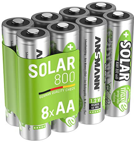 ANSMANN Piles Rechargeables AA 800 mAh 1,2V pour Lampe Solaire, piège à Taupe Solaire, etc. (Lot de 8) – Piles solaires NiMH sans Effet mémoire – Piles HR6 puissantes à Faible autodécharge