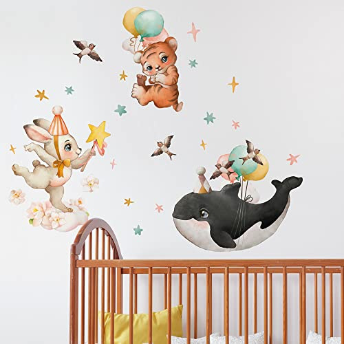 kina - Wandaufkleber Kinder Schlafzimmer Wanddekoration R00748 - Öko-Stoff, Umweltfreundlich, Repositionierbar, Streicheleffekt, Kindergarten - Grafik Tiger Kaninchen Orca 120x40 cm
