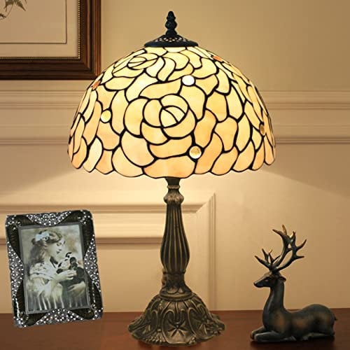 AIBOTY Rose Lampe, Tiffany Bankers Lampe, Vintage Tischlampe, Buntglas Beige Rose Lampenschirm, Tischleuchte Klavier Schreibtischlampe Schlafzimmer Nachttischlampe für Wohnzimmer Büro Studie,b