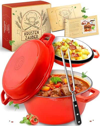 KRUSTENZAUBER Olla de hierro fundido [incluye tenedor de carne] – Cacerola de alta calidad de 26 cm apta para horno – Ideal para asar con tapa, olla de inducción, esmalte, cacerola de hierro fundido