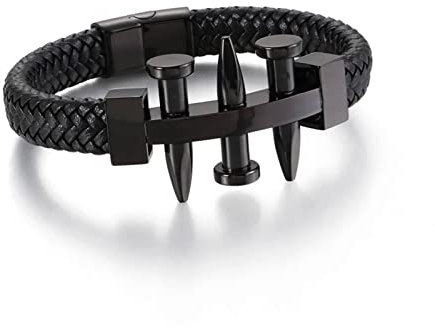 Stfery Armband Herren Outdoor, Herren Armband Leder Edelstahl Schwarz Einfacher Nagel 21.5CM Geflochtenes Seil 12MM Bracelet Modeschmuck Geschenke