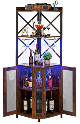 JKsmart - Eckbar-Schrank mit LED-Lichtern, Industrieschrank mit 5 Ebenen mit Glashalter, landwirtschaftliche Spirituosenschränke mit Ablage und Tür, Café Bar