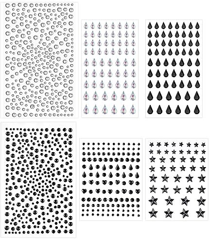 6 Sheets Rhinestones Stickers, Self Adhesive Bling Diamond Stick on Black Gems for Makeup Jewels for Halloween Party Face Eye Belly Body Nail Decorations