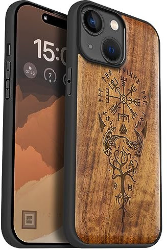 Carveit Holz Cover für iPhone 15 hülle, Kompatibel mit Magsafe Silikon Stoßfeste Cover, Magnetisch Hull für Apple 15 Case(Nussbaum-Wikingerkompass Vegvisir).