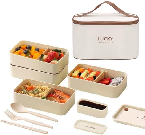 LANSKYWARE 3-lagige japanische Lunchbox mit Essstäbchen, mikrowellengeeignet, Bento-Lunchbox mit Tasche und Utensilien, auslaufsicher, stapelbar, BPA-frei, Lunch-Behälter für Erwachsene