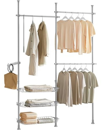 SoBuy FRG34-HG Regalsystem mit 3 Kleiderstangen und 3 Körben Teleskop Garderoben System Verstellbares Ordnungssystem Hellgrau