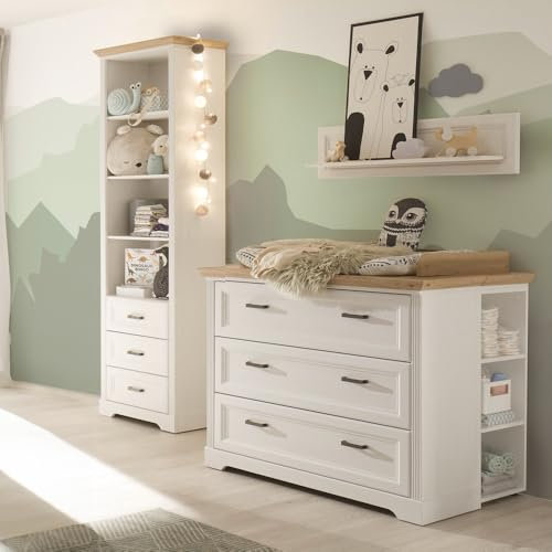 Lomadox Babyzimmer Wickelkommode, Standregal, Wandoard, Landhausstil, Pine weiß mit Eiche