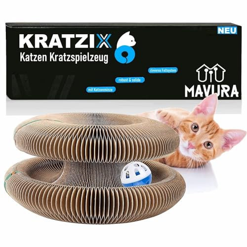 KRATZIX Katzen Kratzspielzeug Kratzpappe faltbares Katzenspielzeug, Kratzmatte Kratz Matte Pappe rund mit Ball & Katzenminze