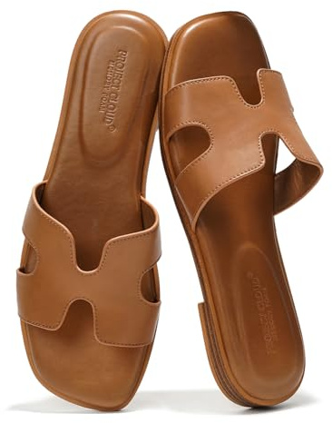 Project Cloud 100% Genuine Leather Sandals for Women 2026 - Fashion Flat Womens Sandals with Memory Foam Insole Slides Sandals Women Footwear - Mules Women's Sandals (Jannel,Cogn, 7.5)