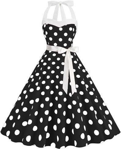 maxToonrain Dresses for Women UK Plus Size,Womens 1950s 80s 70s 90s Fancy Dress A Line Spaghetti Strap Polka Dot Midi Party Dress Halloween Costumes for Adults Ladies(A-Black,L)