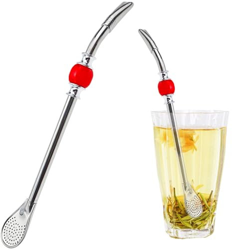 Pajitas de yerba mate de acero inoxidable reutilizables con cuentas de colores, filtro de cabeza extraíble para té, café, bebidas, pajitas de acero inoxidable (cuentas rojas de cabeza plana)