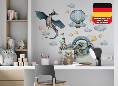 Osomhome Wandtattoo Kinderzimmer Mädchen & Junge: Drachen im Königstal (100x80cm) | Kinderzimmer & Babyzimmer Deko | Wandsticker & Wanddeko Kinderzimmer | Wandaufkleber, Wall Stickers os9607