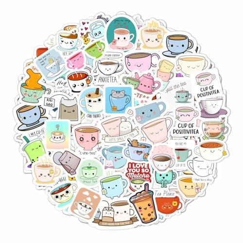 Teetassen-Aufkleber (niedlich) für Wasserflasche und Laptop – Teetassen-Partygeschenke und Dekorationen, wasserdichte Vinyl-Aufkleber, niedliche Tee- und Getränke-Aufkleber, 100 Stück