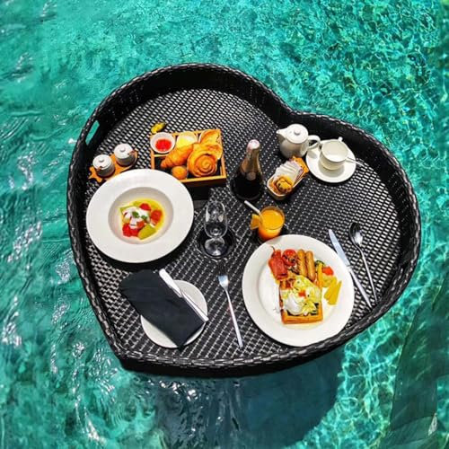 Schwimmendes Frühstückstablett, geflochtenes Rattan-Serviertablett, Rattankorb, handgefertigtes luxuriöses schwimmendes Pool-Tablett, Nachmittagstee-Pool-Teller für Hotelkaffee,Black-heart-shaped