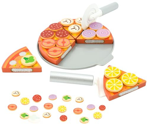 Coriver Accesorios de cocina para niños de madera, 27 piezas de madera para pizza, accesorios de cocina para niños, juguetes de cocina para niños, juego de rol, accesorios de cocina para niños y niñas